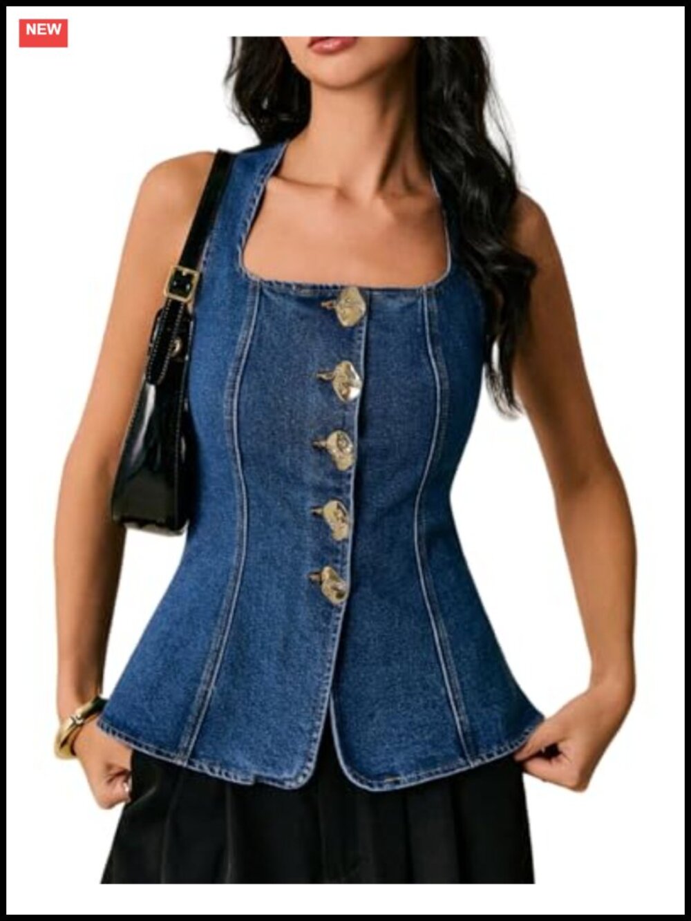Women's Denim Tank Top Sleeveless Square Neck Slim Fit Jean Vest Button Front